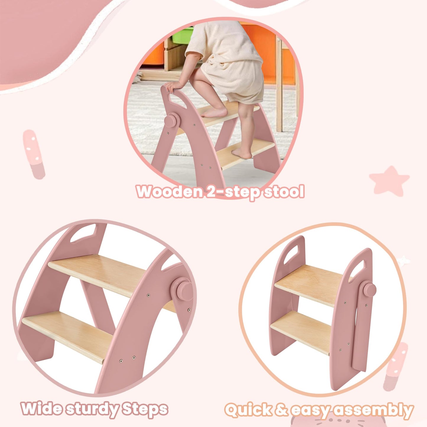 Wooden Step Stool, Two Step Stools, 300 lb. Load Capacity, with Safety Non-Slip Pads and Handles, Bamboo Step Stool for Bathroom and Kitchen, Children's Double Height Step Stools(Pink)