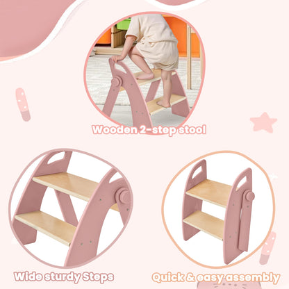 Wooden Step Stool, Two Step Stools, 300 lb. Load Capacity, with Safety Non-Slip Pads and Handles, Bamboo Step Stool for Bathroom and Kitchen, Children's Double Height Step Stools(Pink)