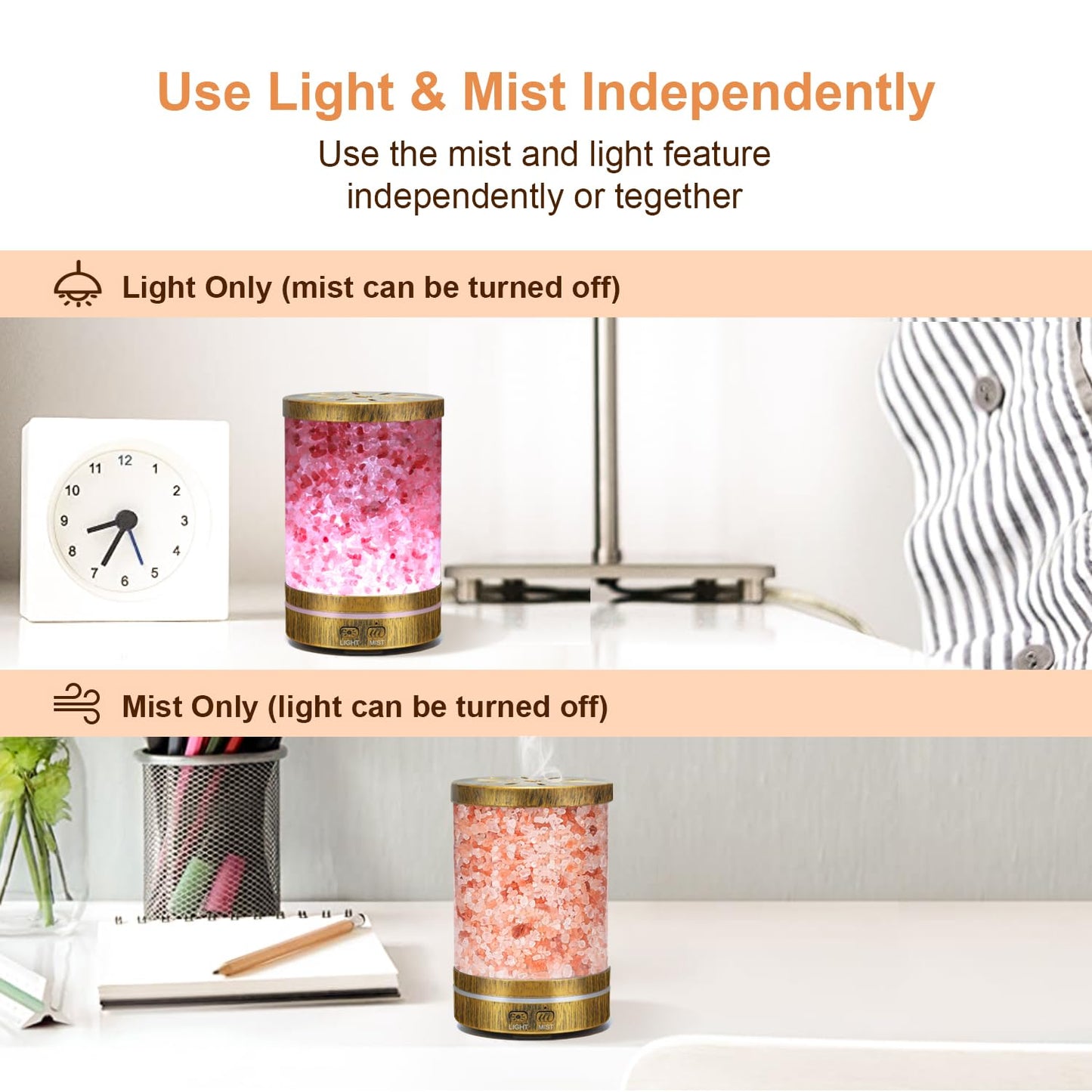 Essential Oil Diffuser Aromatherapy Diffuser - Himalayan Pink Salt Crystal Diffusers for Essential Oils with 7 Color Lights 2 Mist Mode, Reduce Noise Design for Baby Room, Yellow