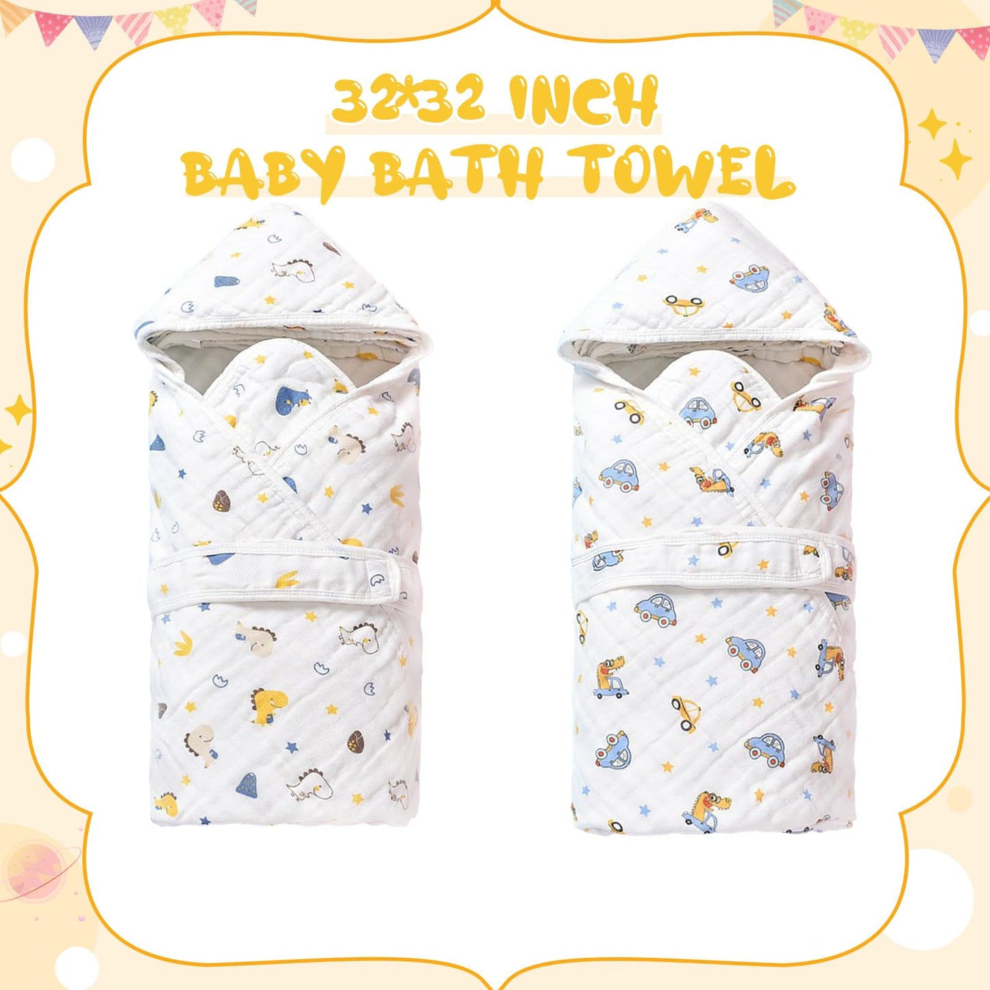 2 Pack Hooded Baby Bath Towels,Large 32"x 32",Cotton Baby Bath Towel with Hood for Infant Toddler and Kids, Soft and Absorbent,Unisex Baby Bath Essentials. (Cars/Dinosaurs)