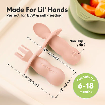 KeaBabies 4-Pack Silicone Baby Spoons and Forks Set - Baby Led Weaning Utensils 6-12 Months, Self Feeding Toddler Spoon & Fork for Training, Teething, Easy to Hold, BPA-Free Silicone (Roseate)