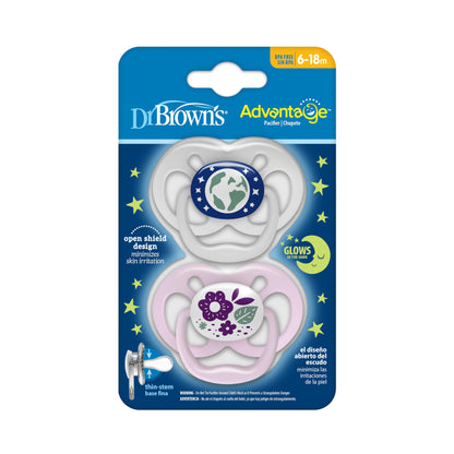 Dr. Brown's Advantage Glow-in-the-Dark Baby Pacifier, Fully Symmetrical Soother with Soft Silicone Bulb, Scooter Squirrel-Purple Nature, 6-18m, BPA Free, 4 Pack