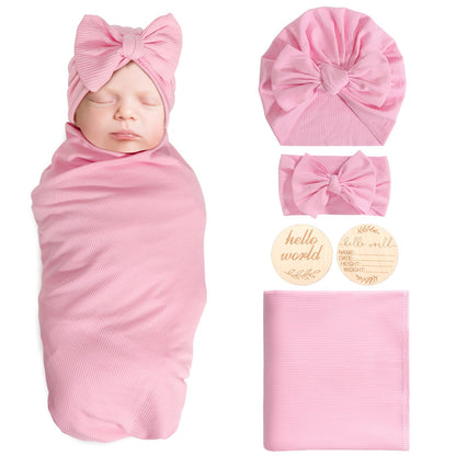 Newborn Receiving Blanket with Bow Hat Mittens Wooden Card Set Wheat-Pattern Newborns Toddler Baby Boy Girl Nursery Swaddle Wrap