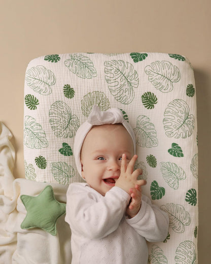 Blissful Diary Muslin Changing Pad Cover for Girls Boys, Ultra Soft Breathable Cotton, Baby Diaper Change Table Pad Covers, 2Pack (Roman Green&Leaf)