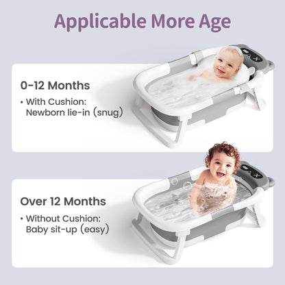 Collapsible Baby Bathtub for Newborn to Toddler (0-18 M) - Portable Baby Tub with Thermometer, Newborn Bathtub with Soft Towel and Floating Cushion (Brown)