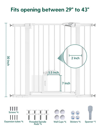 Babelio Upgraded Baby Gate with Cat Door, 29-43" Auto Close Durable Dog Gate for Stairs, Doorways and House, Easy Walk Thru Safety Gate with Pet Door Includes 4 Wall Cups, Black