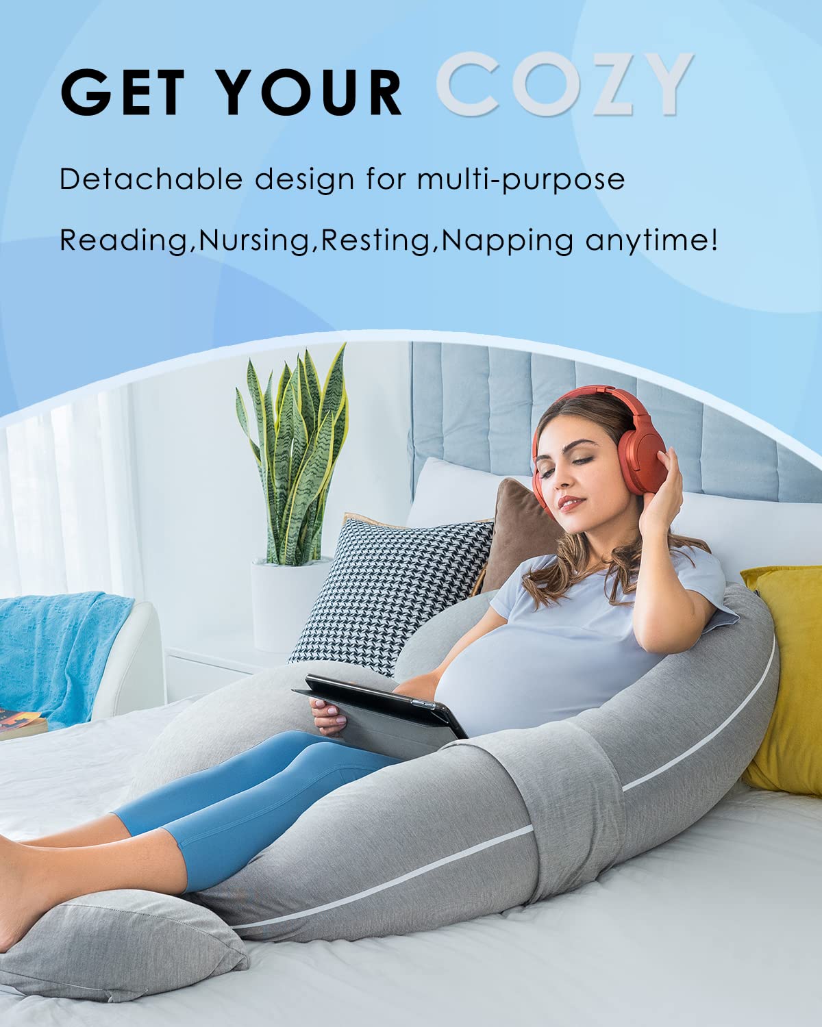 QUEEN ROSE Cooling Pregnancy Pillows,E Shaped Full Body Pillow for Sleeping, with Pregnancy Wedge Pillow for Belly Support, 60 Inch Maternity Pillow for Side Sleeper, Cooling Rayon Cover, Purple