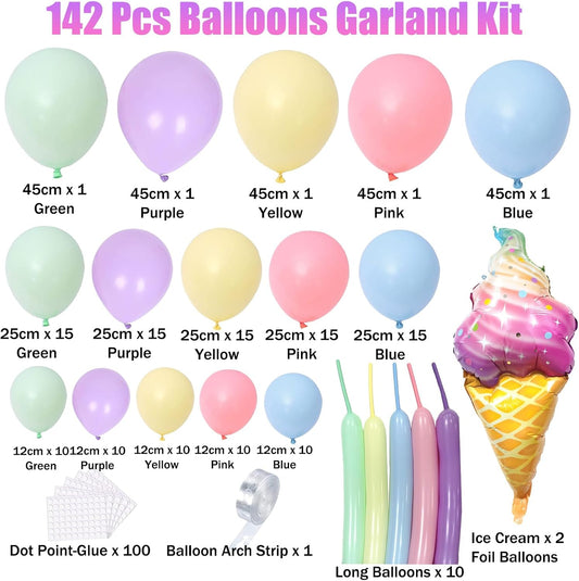 Pastel Balloon Garland Arch Kit, 142pcs Balloons Macaron Rainbow Ice Cream Foil Party for Baby Shower Girls Birthday Theme Decorations Pink Blue White