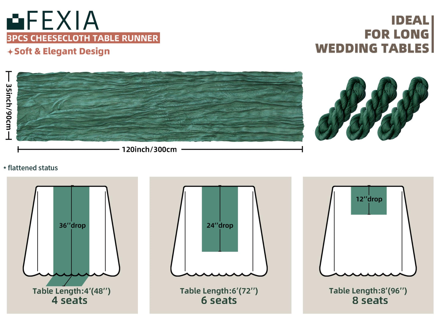 FEXIA Beige Cheesecloth Table Runner 35x120 Inches Ivory Gauze Rustic Boho Spring Easter Table Runner for Engagement Party Decorations Bridal Shower Wedding Party First Communion Centerpiece