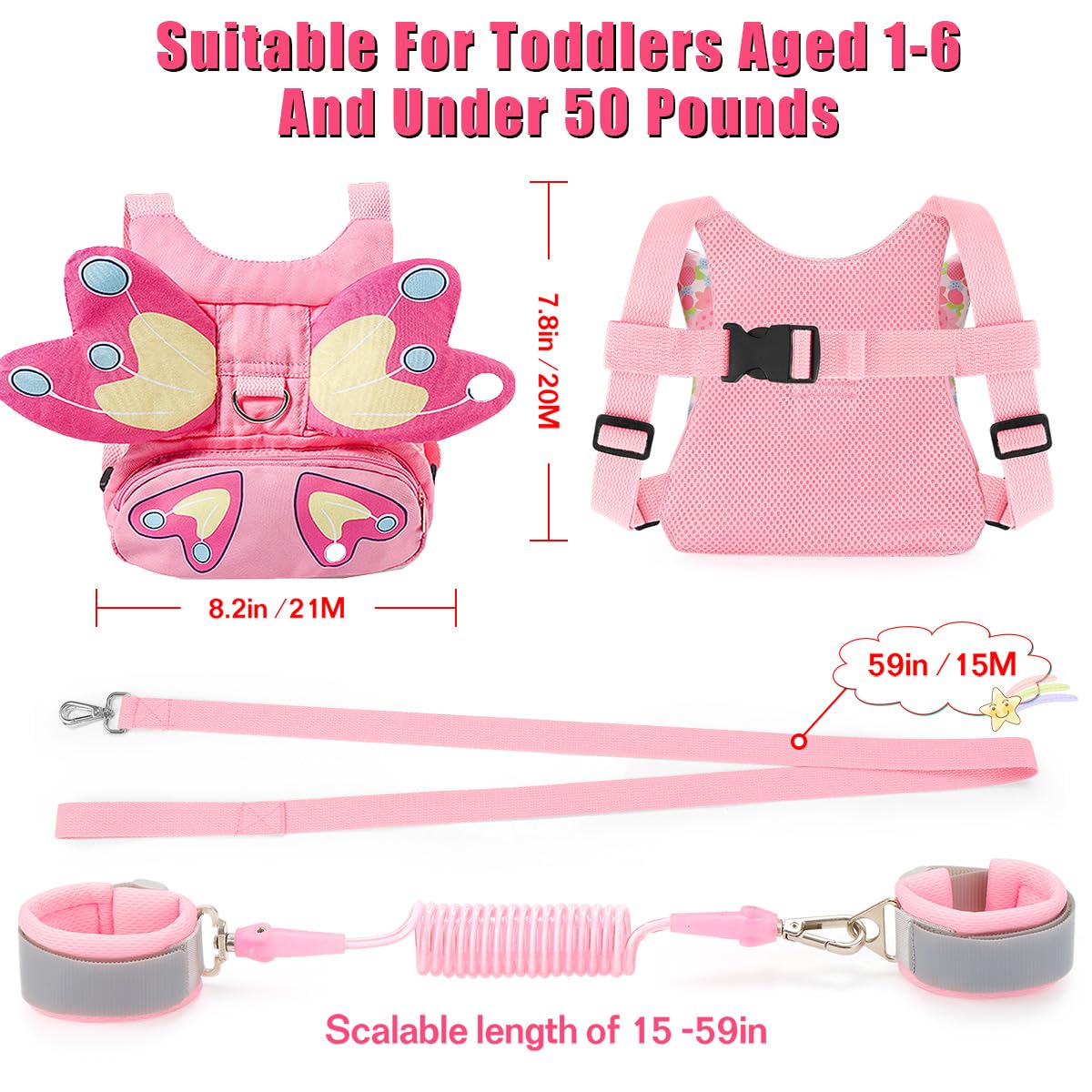 Toddlers Leash + Anti Lost Wrist Link Child Kids Safety Harness Kids Walking Wristband Assistant Strap Belt for Girl Pink Christmas Gift (PINK2)