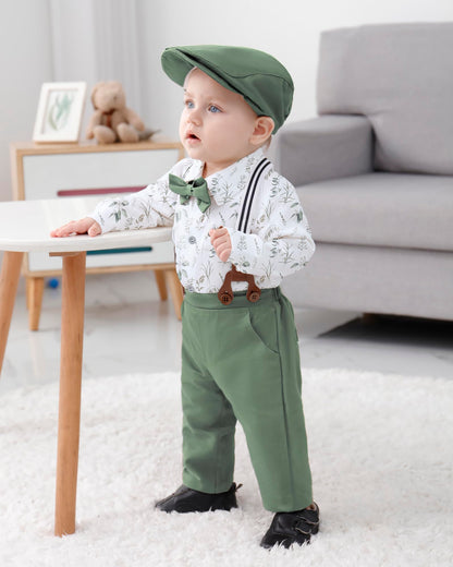 WESIDOM Baby Boy Clothes 0-18M Newborn Infant Gentleman Outfit, Shirt+Bowtie+Beret+Suspender Pant Baby boy Suit Clothing Set
