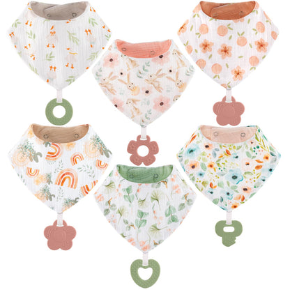 Baby Bandana Drool Bibs 6-Pack and Teething Toys 6-Pack Made with 100% Organic Cotton, Absorbent and Soft Unisex