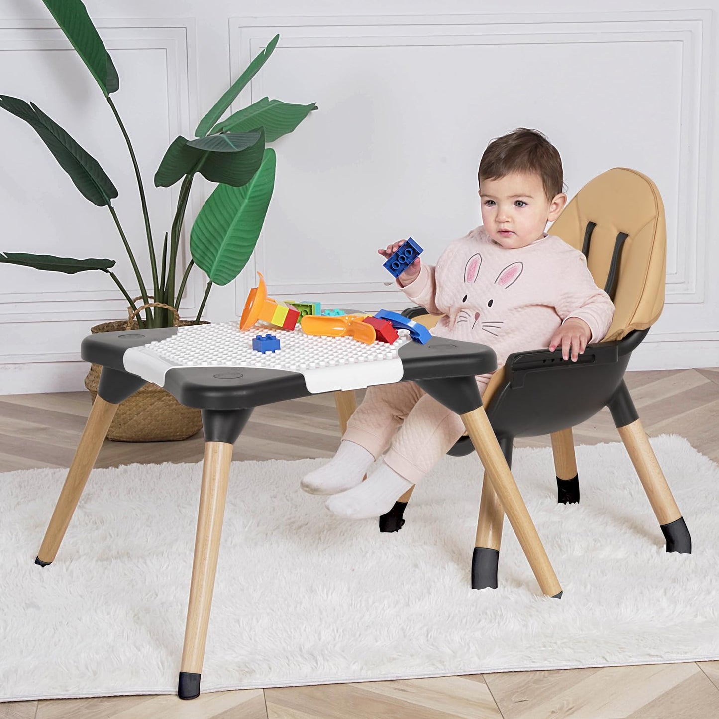 High Chair for Babies & Toddlers, Convertible Wooden 6 in 1 Baby Highchair, Table and Chair Set, Building Block Table, 5-Point Adjustable Seat Belts, 4-Position Removable Tray& PU Seat Cushion (Black)