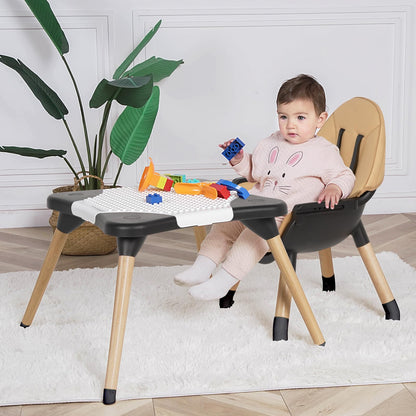 High Chair for Babies & Toddlers, Convertible Wooden 6 in 1 Baby Highchair, Table and Chair Set, Building Block Table, 5-Point Adjustable Seat Belts, 4-Position Removable Tray& PU Seat Cushion (Black)