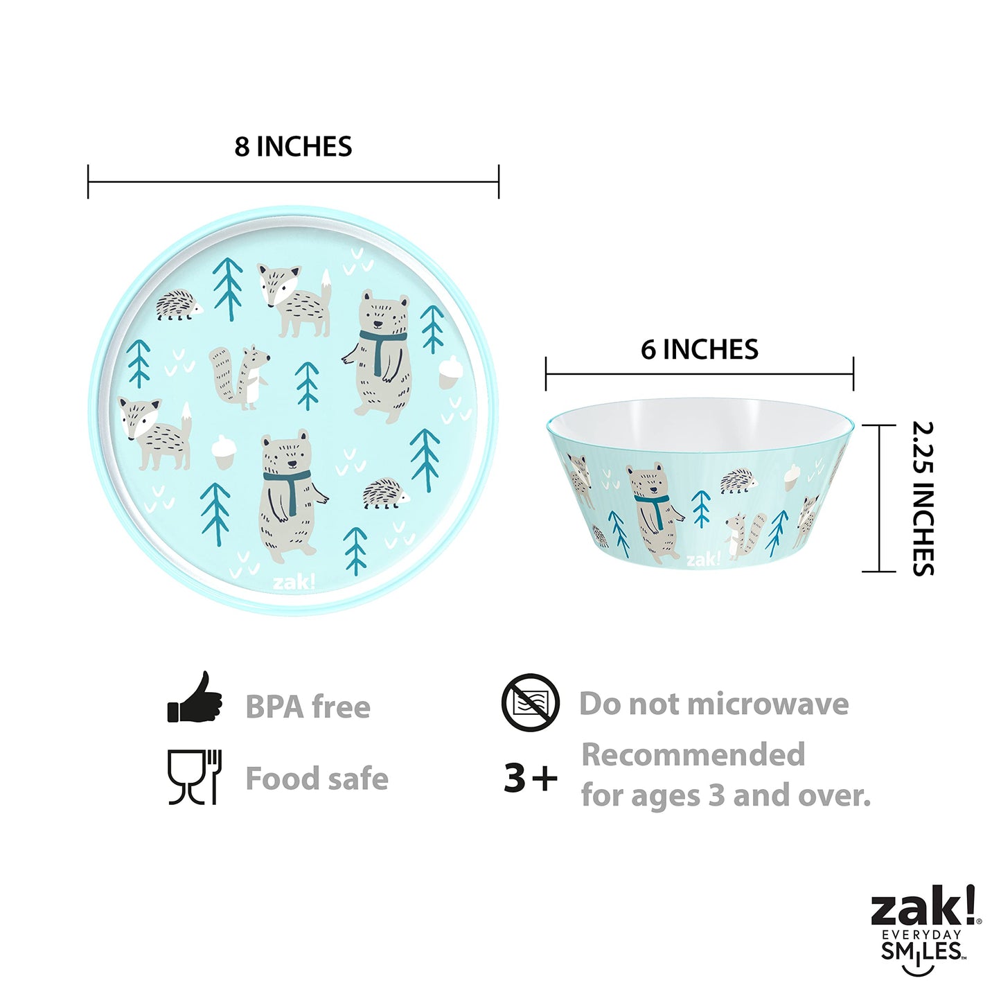 Zak Designs 5-Piece Dinnerware Set, Baby Shark - Durable Plastic & Stainless Steel - Includes Water Bottle, 8-Inch Plate, 6-Inch Bowl, Fork & Spoon - Suitable for Kids Ages 3+