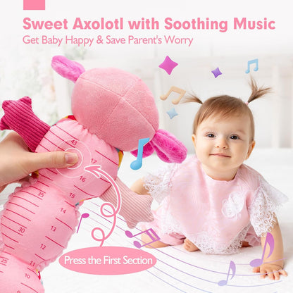 hahaland Tummy Time Toys for Babies 0-6 Months - Musical Axolotl Plush with Rattle, Teether, Mirror, Squeaky, Crinkle - Infant Toys 0-12 Months Baby Gifts