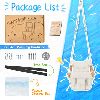 Baby Swing Indoor Outdoor,Secure Canvas Wooden Toddler Swing Seat, 3-Point Adjustable Safety Harness,Mounting Hardware Included,Gift for Boys and Girls,White
