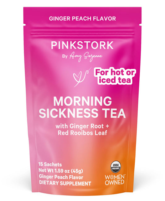 Pink Stork Organic Morning Sickness Pregnancy Tea - Hot or Iced Tea - Prenatal Heartburn, Indigestion, and Constipation Support - 1st Trimester Pregnancy Must Haves - Ginger Peach, 15 Sachets