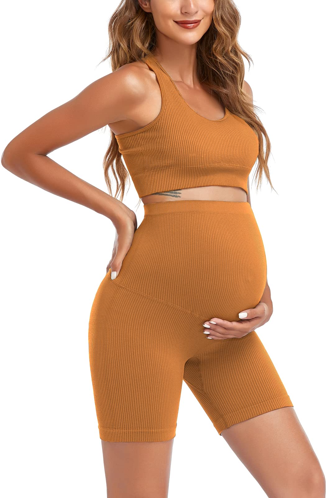 Women's Maternity 2 Piece Outfit Set - Bra & Shorts for Pregnancy - Yoga workout Lounge Wear Sets