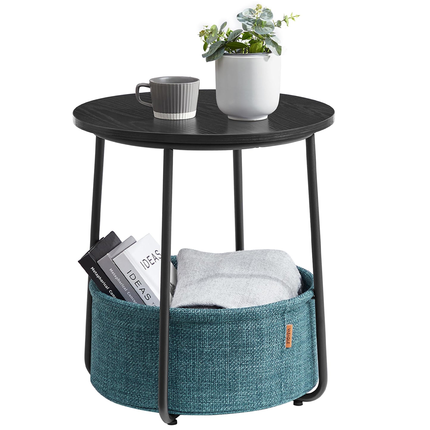 VASAGLE End Table, Small Bedside Table with Fabric Basket, Modern Nightstand, Round Side Table, for Living Room, Bedroom, Matte White and Camel Brown ULET223W10