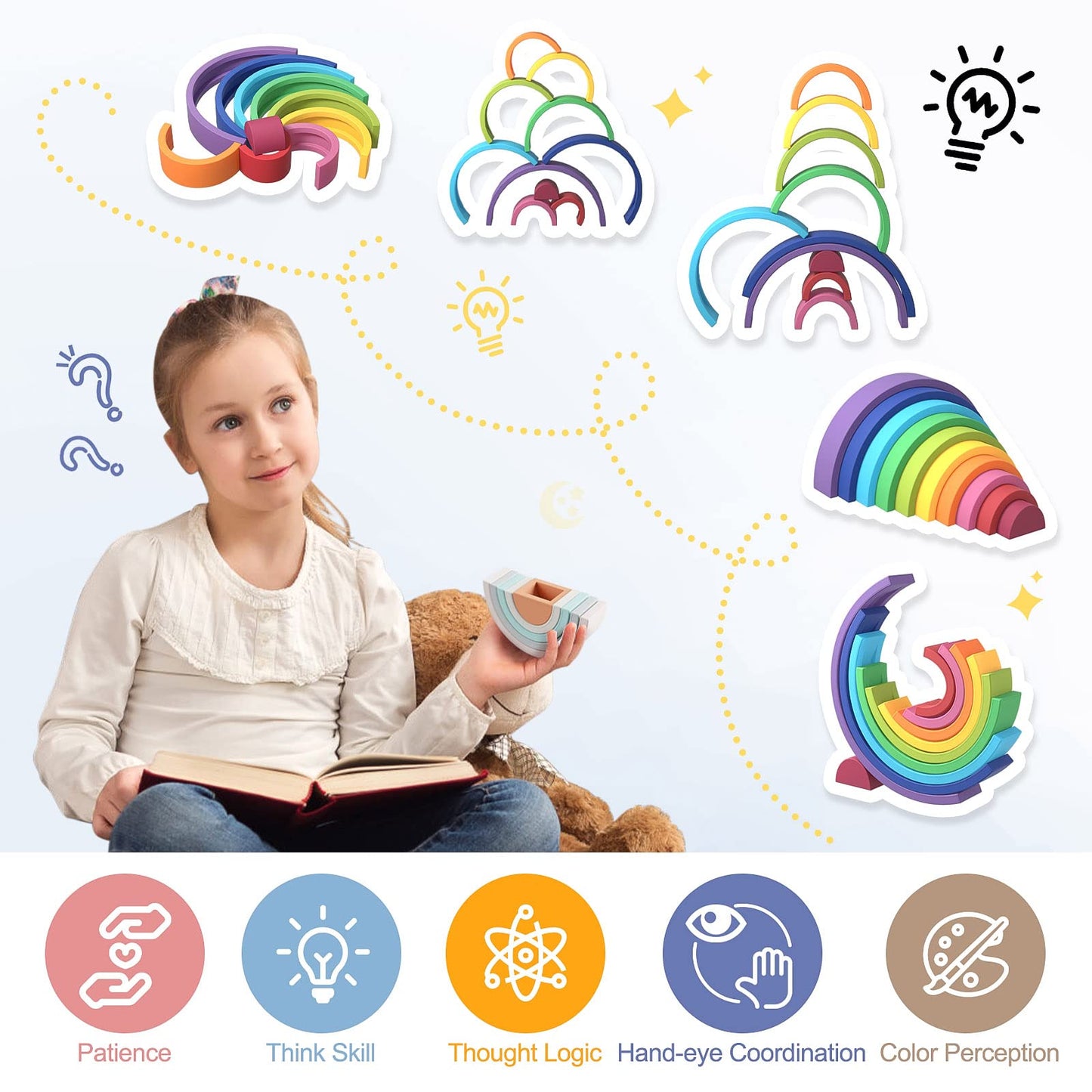 MCGMITT Rainbow Stacking Toy, Silicone Rainbow Stacker for Toddlers, Montessori Nesting Blocks, Building Creative Color Shape Matching Toy Set, 10 Layers