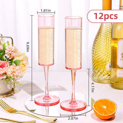 DI QIU REN 12 Pcs Acrylic Champagne Flutes, 6 OZ Clear Plastic Champagne Glasses, Unbreakable Reusable Shatterproof Stemmed Champagne Flutes Glass, Wedding Toasting Flutes for Party Wedding Holiday