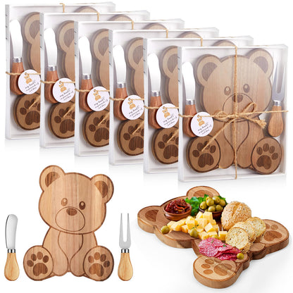 1 Set Baby Shower Party Favors Bear Shaped Cheese Board Set, Include Small Wood Cutting Charcuterie Boards with Knives and Forks Gift Box for Wedding Bridal Shower Birthday (Acacia Color)