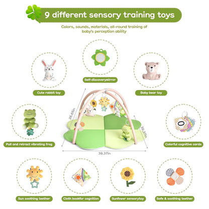 Baby Play Mat, Tummy Time Mat for Sensory Development, 4-Leaf Clover Baby Play Mat & Gym with 9 Detachable Toys, Portable & Easy to Clean, 0-9+ Months