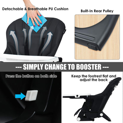 INFANS High Chair for Babies & Toddlers, Foldable Highchair with Multiple Adjustable Backrest, Footrest and Seat Height, Removable Tray, Detachable PU Leather Cushion, Built-in Rear Wheels (Black)