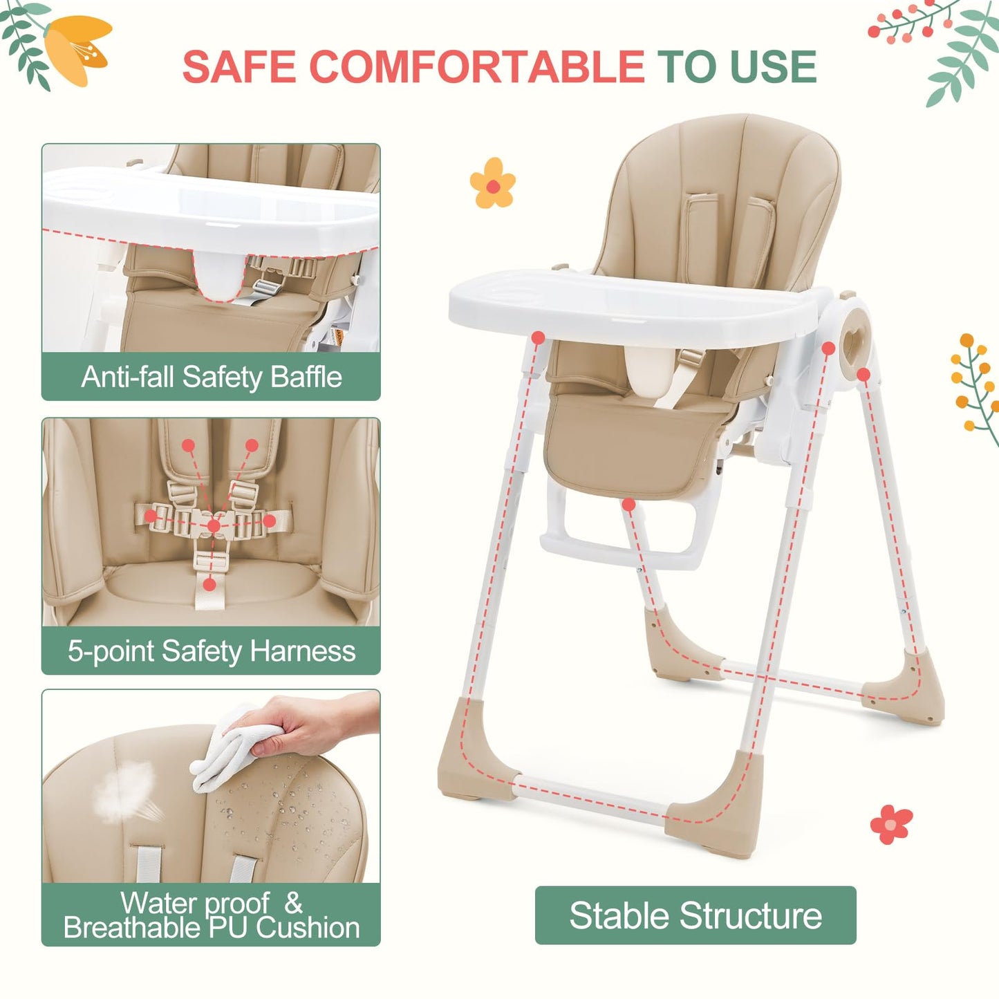 Foldable Baby High Chair with Adjustable Height, 5 Recline Positions & Removable Double Tray - Easy Clean, Space-Saving Infant Highchair for Toddlers, 5-Point Harness & Compact Design