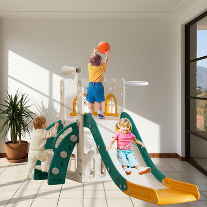 6 in 1 Toddler Slide for Toddler Age 1-3,Kids Climber Slider for Indoor Outdoor Playground with Basketball Hoop,Storage and Telescope,L Shaped Slide for Toddler Climber Playset