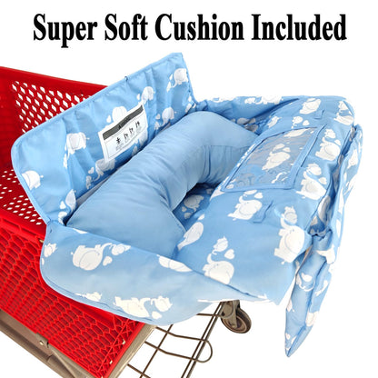 Soft Pillow Attached 2-in-1 Shopping Cart and High Chair Cover for Baby, Cotton Padded Cart Cover, Fold'n Roll Style, Portable with Carry Bag (Blue Elephant)
