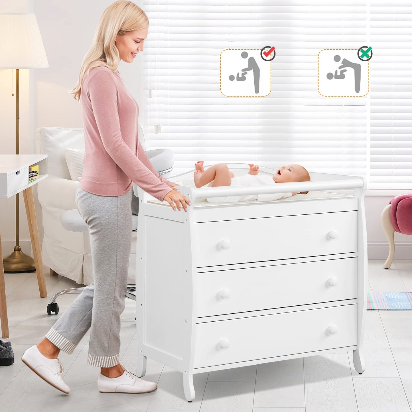 Costzon 3-Drawer Changing Table, Infant Diaper Changing Station with Drawers, Safety Rails & Strap, Baby Changing Table Dresser for Nursery, Easy Assembly (Brown)