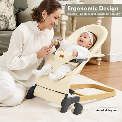 Foldable Baby Bouncer, Baby Seat with 3 Adjustable Heights, Portable Newborn Rocker, Ergonomic Bouncy Seat for Natural Bounce, Bouncer for Babies 0-6 Months, Soft Cotton (Beige)