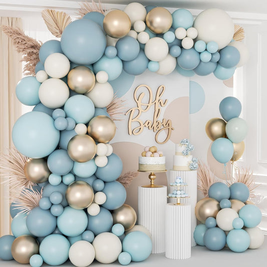 138Pcs Dusty Blue Balloons Arch Garland Kit, Dusty Baby Blue Sand White Metallic Gold Balloons for Bridal Shower Gender Reveal Birthday Baby Shower Decorations