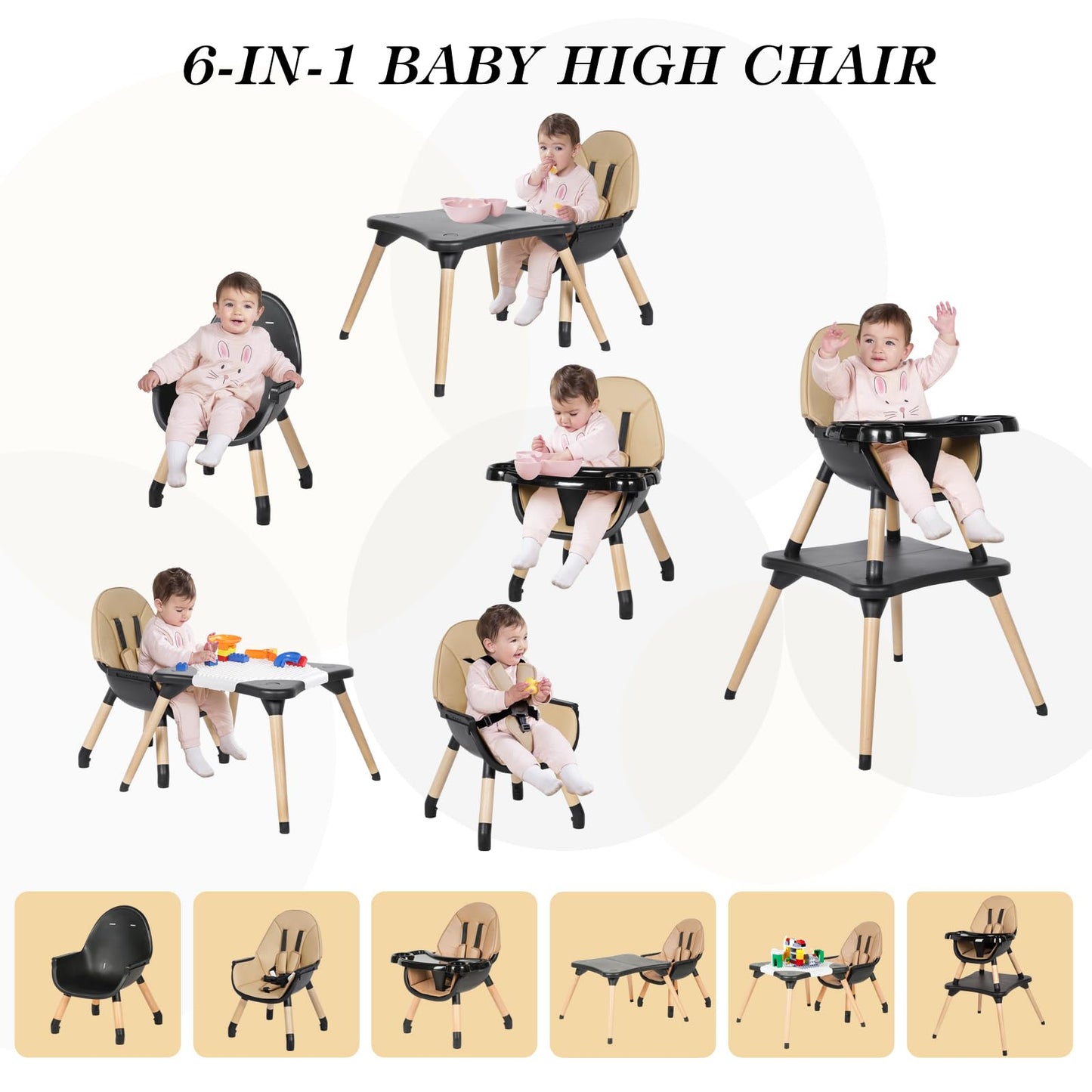 High Chair for Babies & Toddlers, Convertible Wooden 6 in 1 Baby Highchair, Table and Chair Set, Building Block Table, 5-Point Adjustable Seat Belts, 4-Position Removable Tray& PU Seat Cushion (Black)