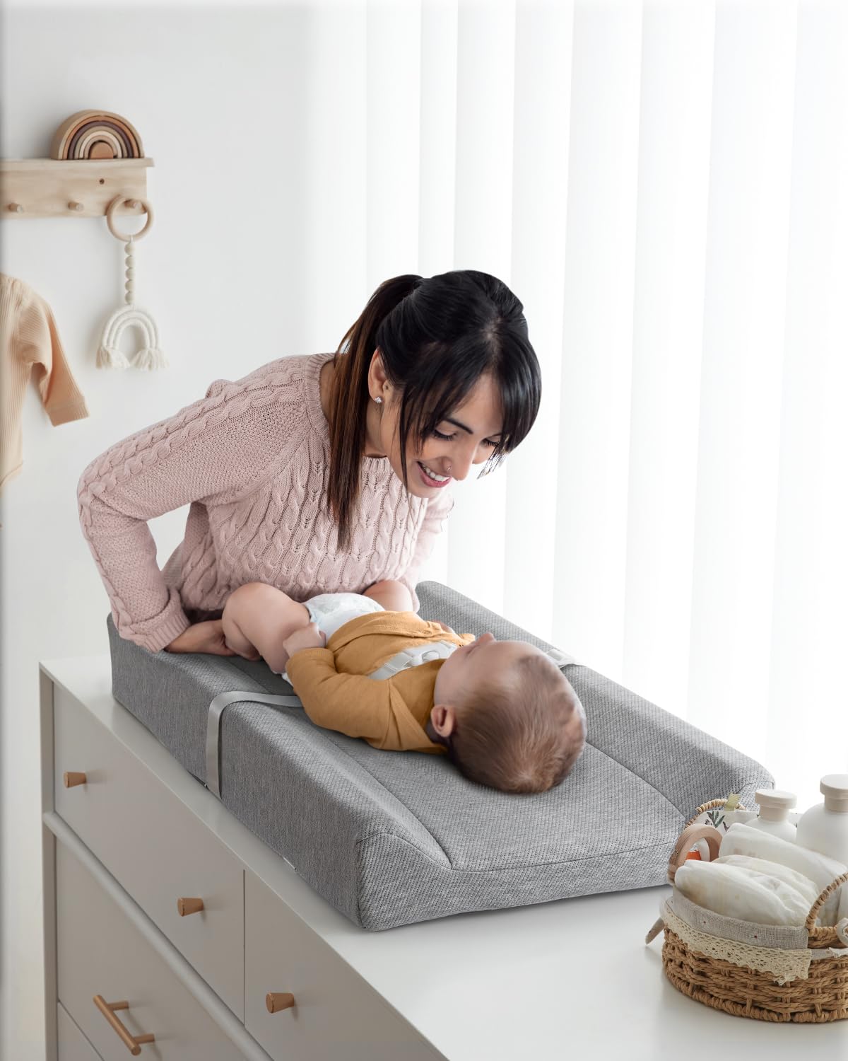 Blissful Diary Baby Changing Pad with Waterproof Lining Foam, Includes a Soft & Washable Cover, Contoured Changing Table Pads for Dresser Top with Non-Slip Bottom, 32”×16” (Grey, Avocado)