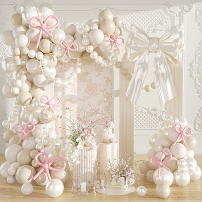 Pink Balloon Garland Arch Kit, Coquette Birthday Decorations 176Pcs Bow Long Balloons White and Pink Different Sizes for Wedding Bridal Baby Shower Bachelorette Party