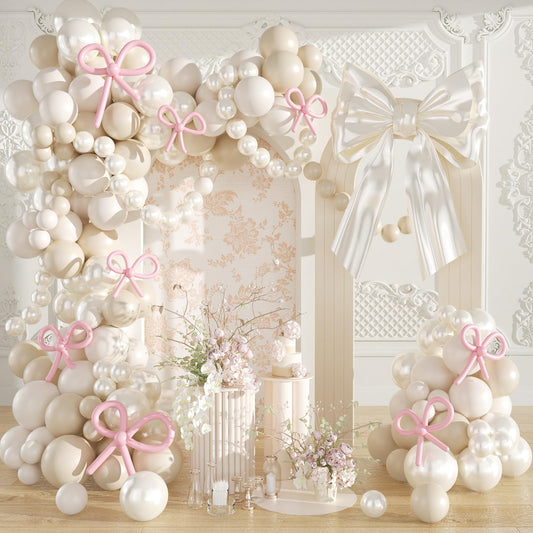 Pink Balloon Garland Arch Kit, Coquette Birthday Decorations 176Pcs Bow Long Balloons White and Pink Different Sizes for Wedding Bridal Baby Shower Bachelorette Party