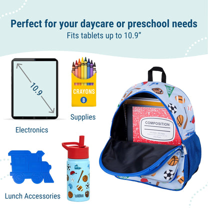 Wildkin 12-inch Kids Backpack – Padded, Adjustable, Ideal for Daycare & Travel - Trains, Planes, and Trucks