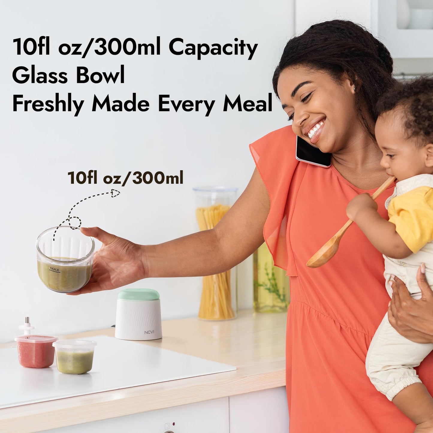 NCVI Puree Baby Food Processor Glass Set, Mini Infant Food Maker Blender Machine with 8 Blades and Grinding Disc, Small Blender for Baby Food Including Containers, Silicone Tray and Tableware