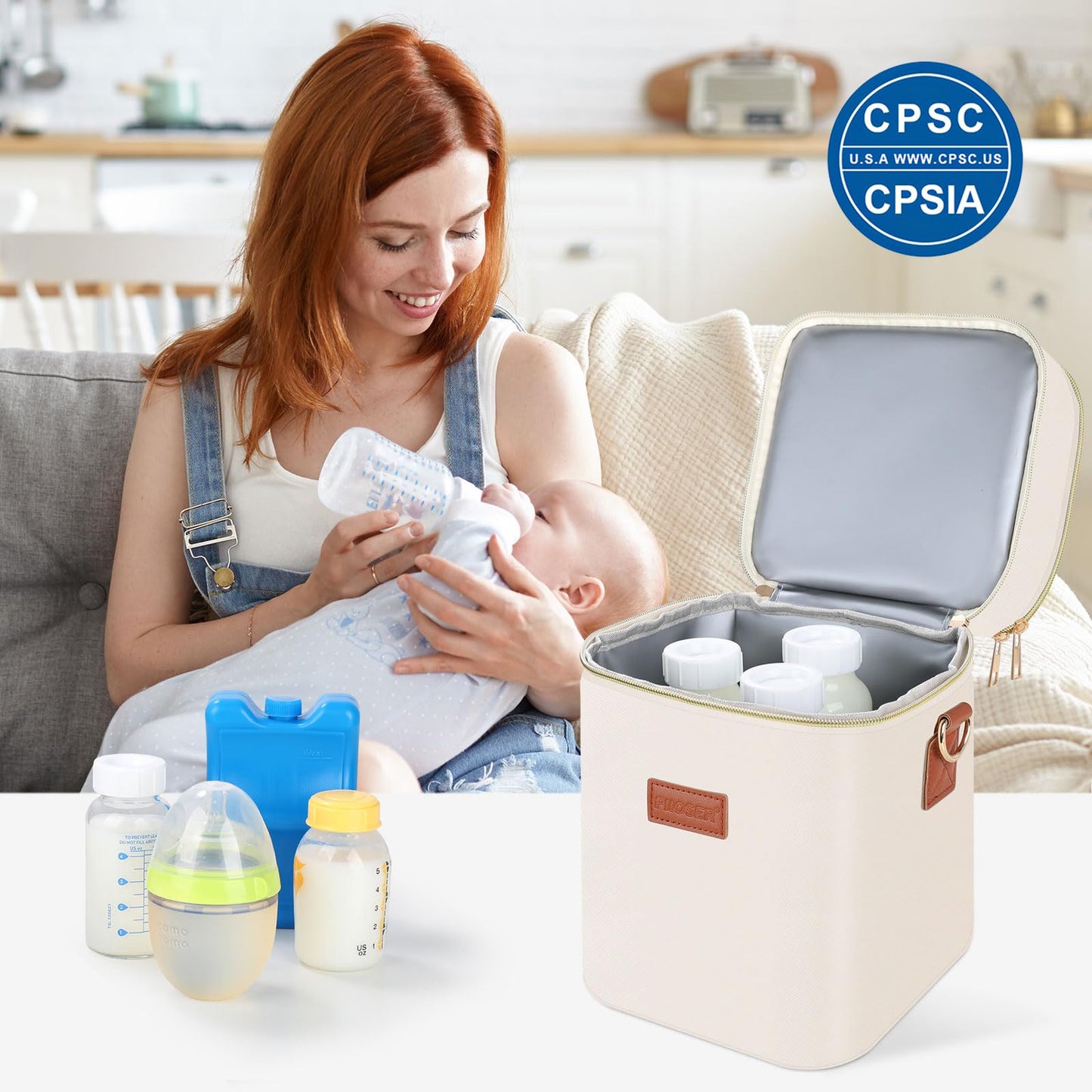 PIIOSER Baby Bottle Tote Bag with Ice Pack, Fits 4 Baby Bottles Up to 9 Ounce, Small Insulated Breastmilk Cooler Travel Bag with Shoulder Strap for Nursing & Working Mom Daycare (Cream-S)
