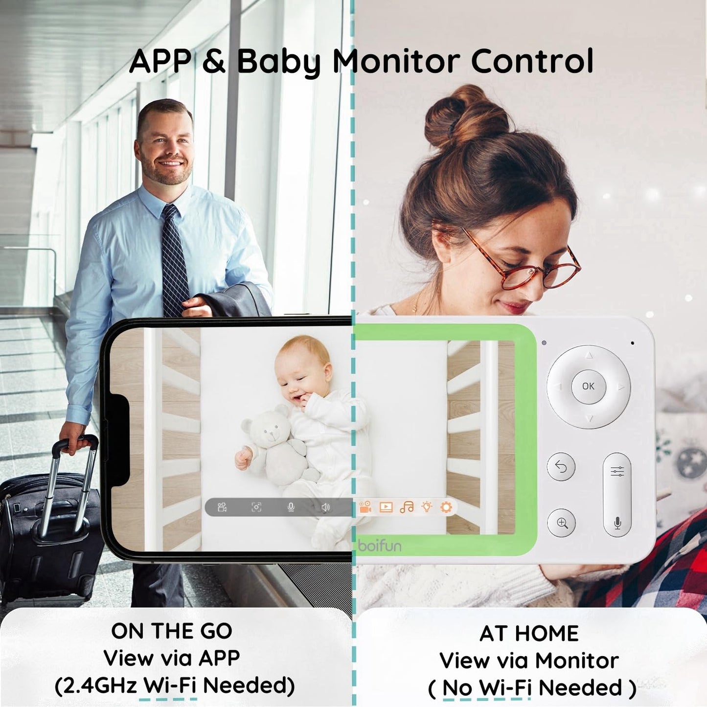 BOIFUN Split Screen Video Baby Monitor WiFi, 2 Cameras, Smartphone APP Control & LCD Monitor, AI Motion & Sound Detection, 4.3'' 4X Zoom, 1080P Smart (Monitor para Bebe), Area Alarm, Video Recording