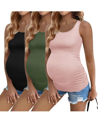 Ekouaer 3 Pack Women Maternity Tank Tops Ruch Side Basic Shirts Summer Postpartum Tops Sleeveless Pregnancy Workout Clothes