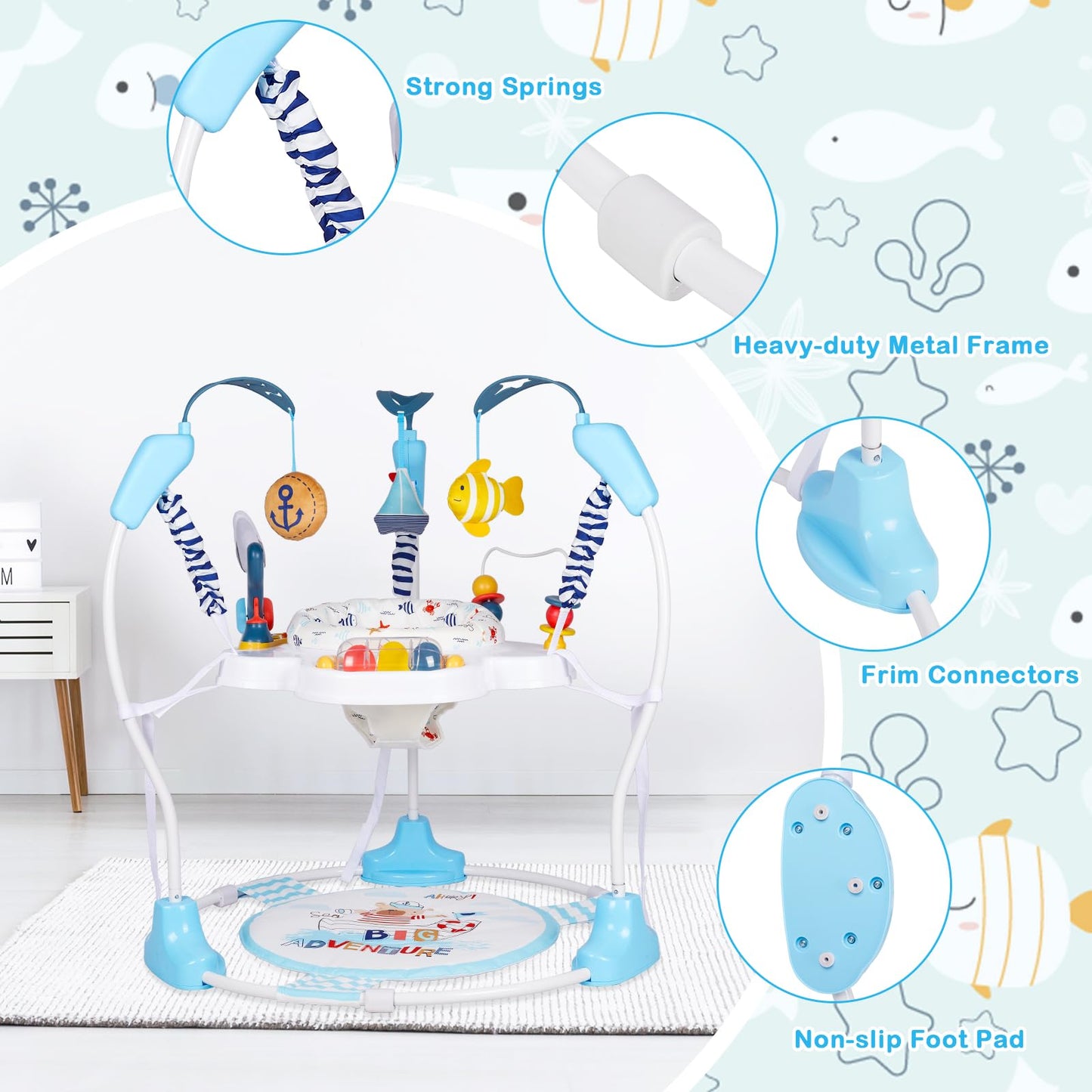 Baby Activity Center, Infant Jumpers and Bouncers with Music, Lights, Infant Toys, 360°Rotating Seat, 3 Adjustable Heights, Baby Play and Learning Center for 6+ Months