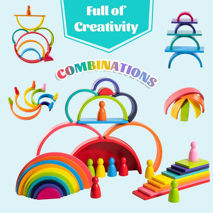 Wooden Rianbow Stacker Playset, 4-in-1 Rainbow Stacking Toys Building Blocks for Kids Ages 3 4 5 Preschool Montessori Toys Christmas Birthday Gifts for Toddlers Boys Girls 3-5 (45 Pieces)