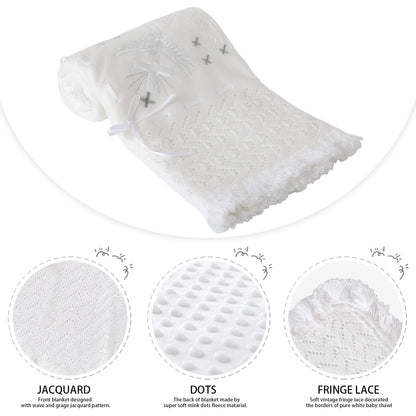 Booulfi Knit White Baby Blankets Neutral,Crib Stroller Newborn Blankets for Boys Girls,Cotton Lace Crochet Winter Blanket Nursery Blanket New Baby Essentials, 38X39