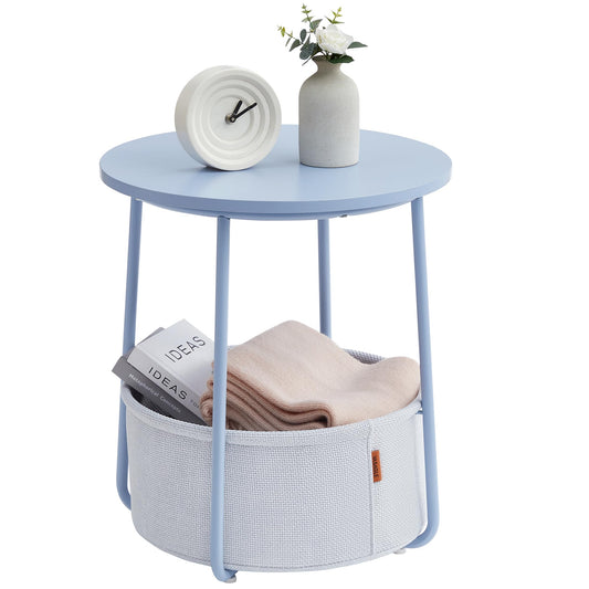VASAGLE End Table, Small Bedside Table with Fabric Basket, Modern Nightstand, Round Side Table, for Living Room, Bedroom, Matte White and Camel Brown ULET223W10