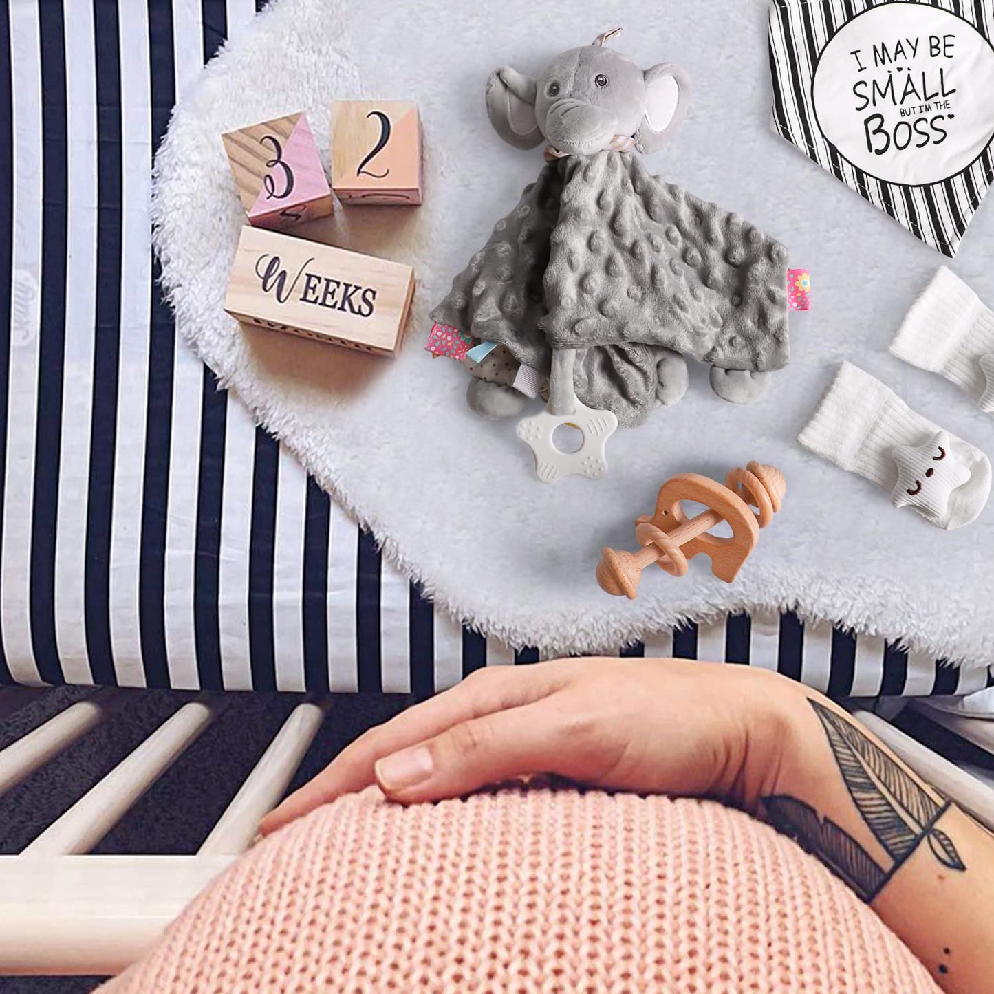 Baby Shower Gifts, Baby Boy Gift Basket Set Newborn Blanket Elephant Lovey Baby Security Blanket Wooden Rattle Toy, Funny Bibs Socks & Greeting Card, New Boys Baby Gift Essentials
