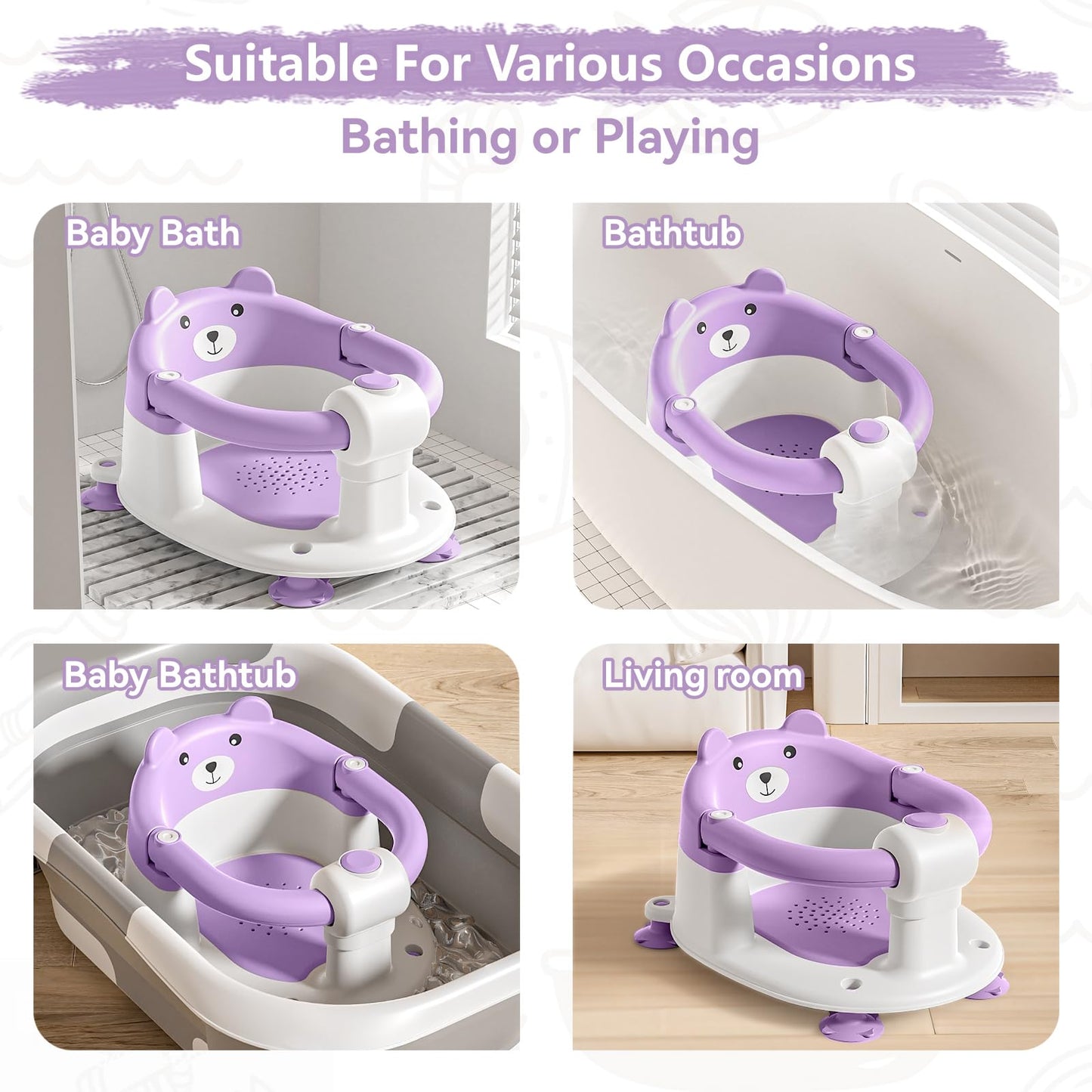 Baby Bath Seat for Babies 6 Months & Up, Toddler Bath Seats for Babies Sitting Up, Non-Slip Infant Bath Tub Chair with 4 Suction Cups & Soft Cushion for Shower, Compact Toddler Bathtub Seat, Pink